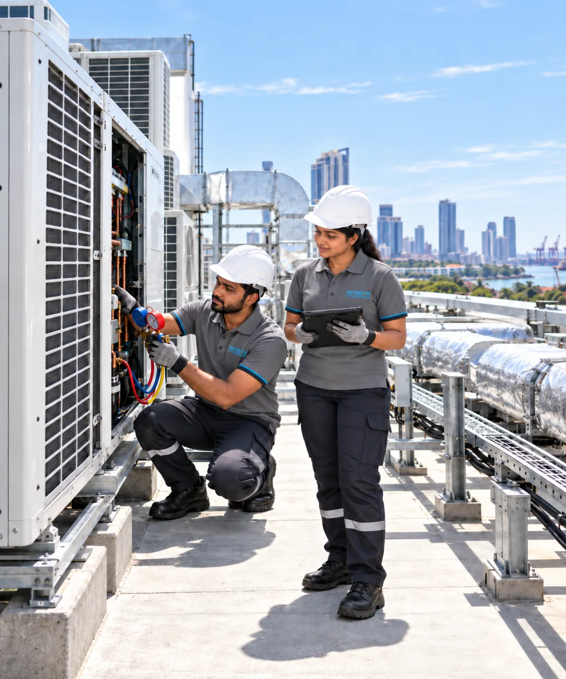 rooftop hvac maintenance team against city skyline