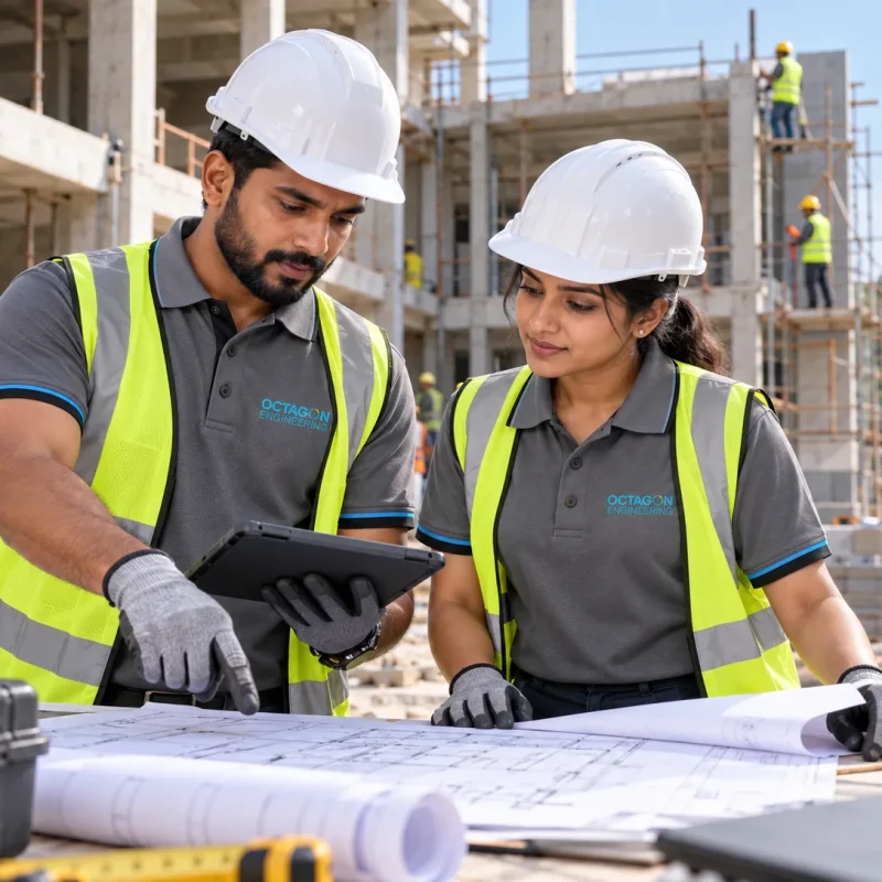 engineering team reviewing construction plans